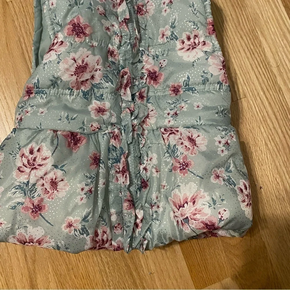 Little Lass Puffer Vest Hooded 4T Blue Floral Fur Lined Kids Girls Pink Ruffle